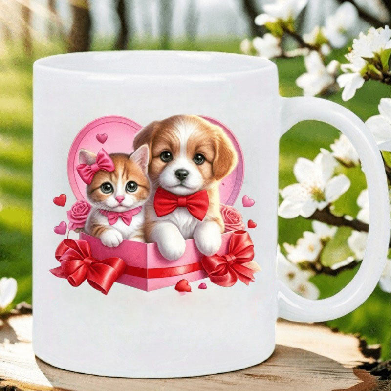 Tailorly White Ceramic 11 oz Mug - heart shaped cat and puppy designs with personalized name text