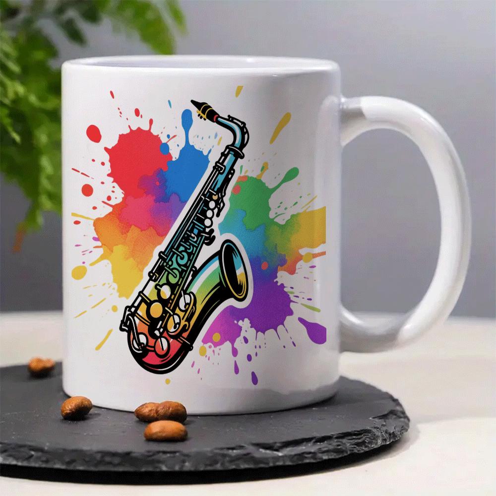 Tailorly White Ceramic 11 oz Mug - jazz themed saxophone design with golden accent