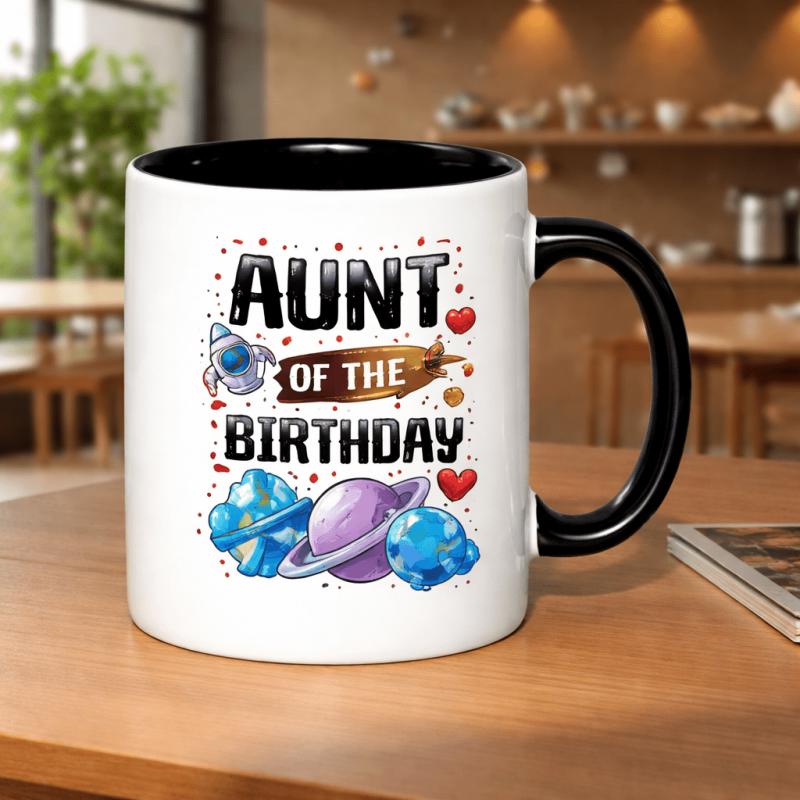Tailorly Black Accent 11 oz Mug - aunt of the birthday space theme celebration party