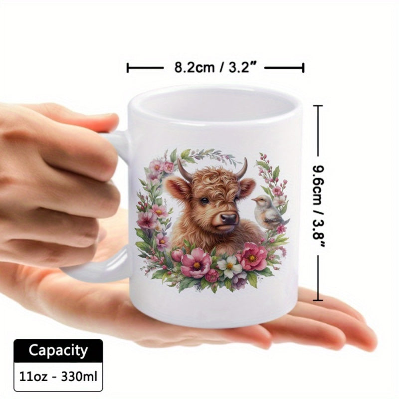 Tailorly White Ceramic 11 oz Mug - scottish highland cow bird floral