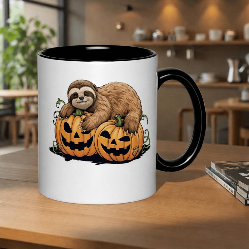 Tailorly Black Accent 11 oz Mug - cute sloth resting on halloween pumpkins