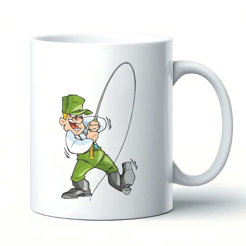 Tailorly White Ceramic 11 oz Mug - cartoon design of a man fishing wearing a hat and white shirt