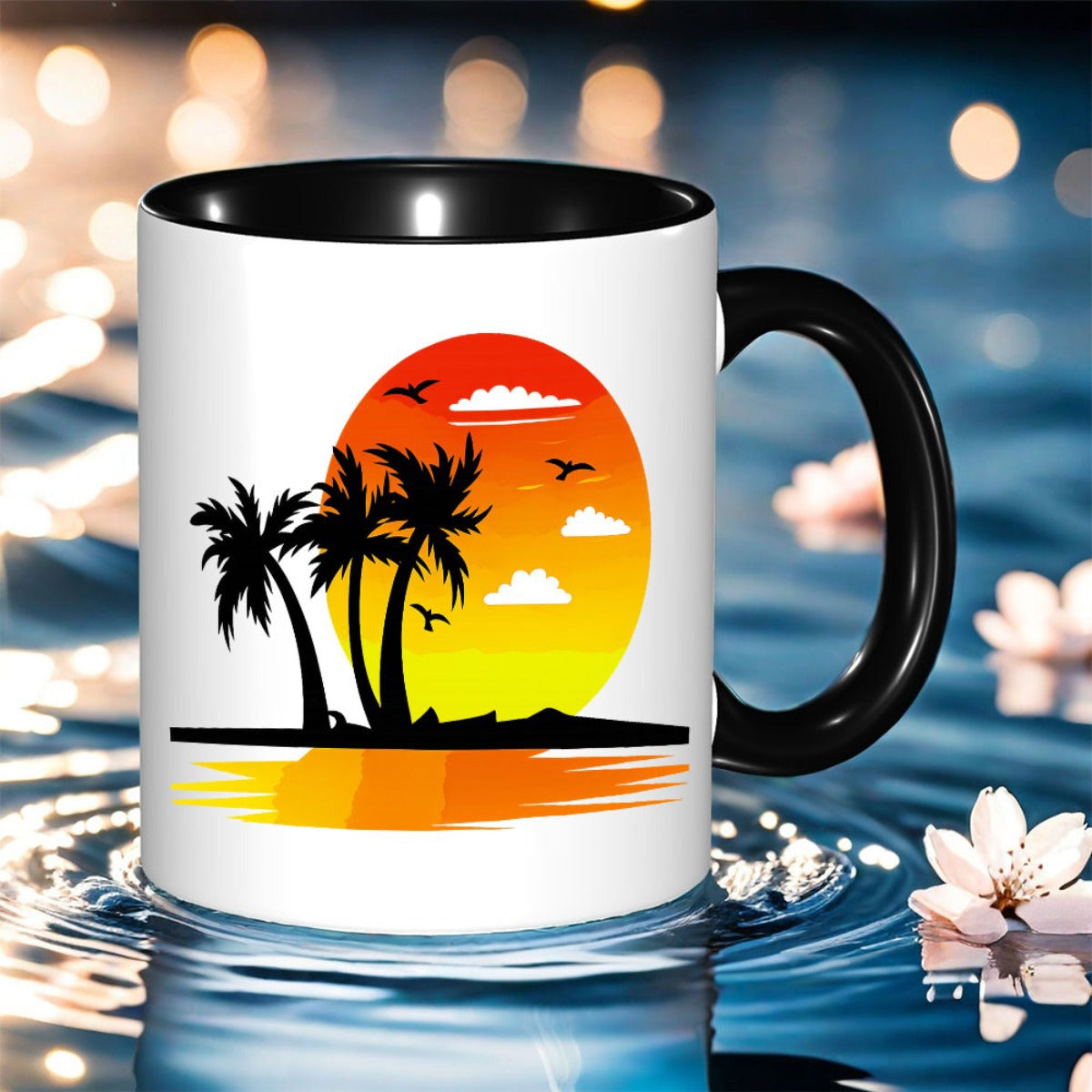 Tailorly Black Accent 11 oz Mug - vibrant palm tree print