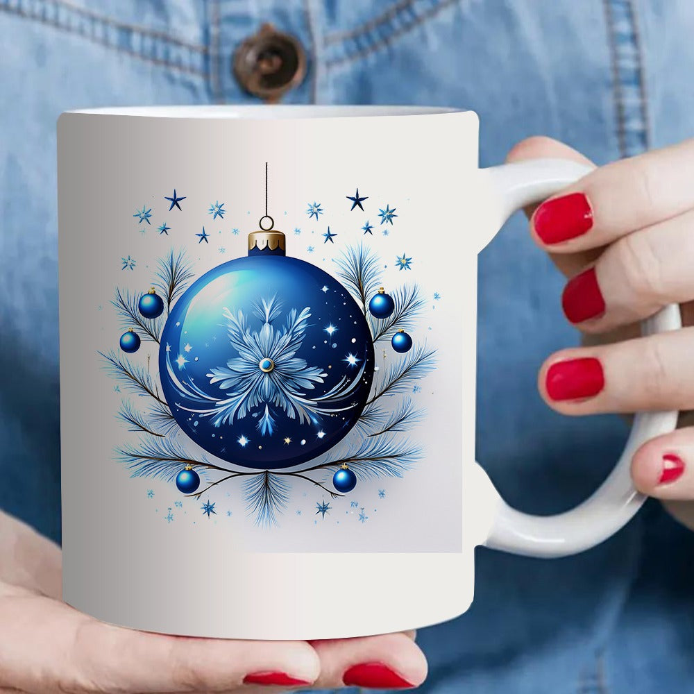 Tailorly White Ceramic 11 oz Mug - blue snowflake christmas ornament holiday pattern festive