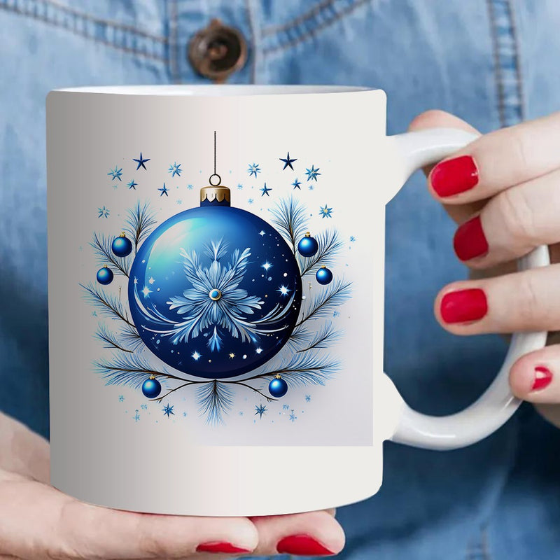 Tailorly White Ceramic 11 oz Mug - blue snowflake christmas ornament holiday pattern festive