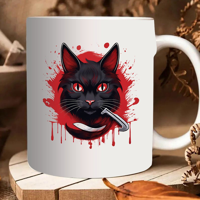 Tailorly White Ceramic 11 oz Mug - black cat with red eyes and knife