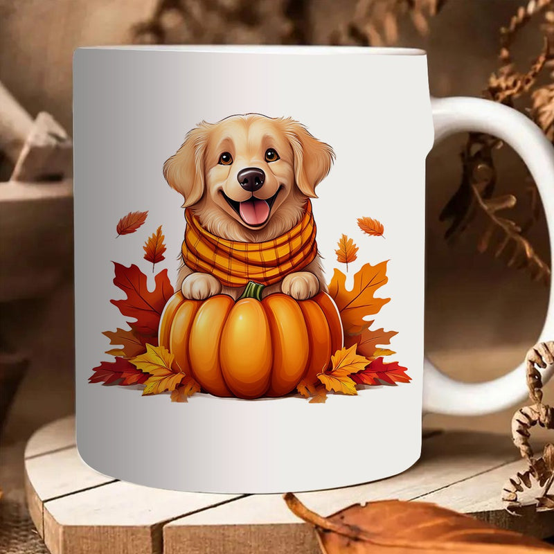 Tailorly White Ceramic 11 oz Mug - golden retriever with pumpkins