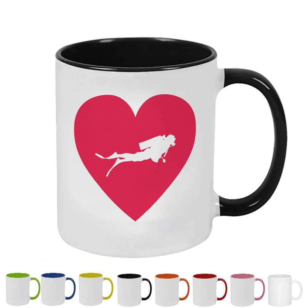 Tailorly Black Accent 11 oz Mug - red heart silhouette with white diver silhouette inside
