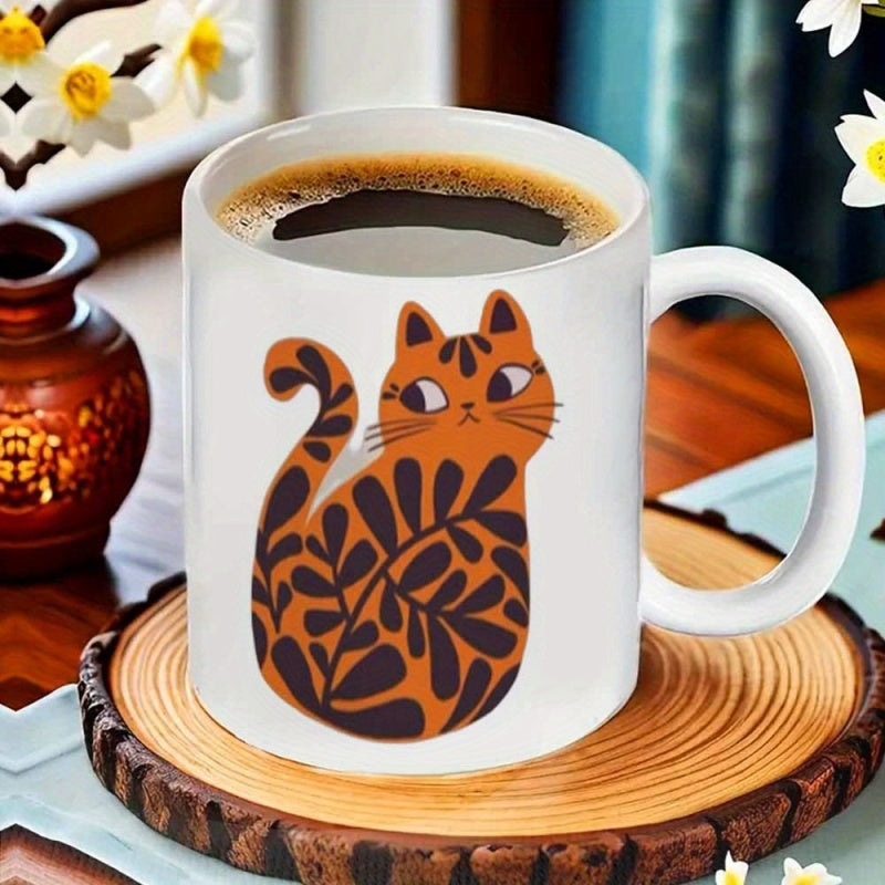 Tailorly White Ceramic 11 oz Mug - cat with leaf