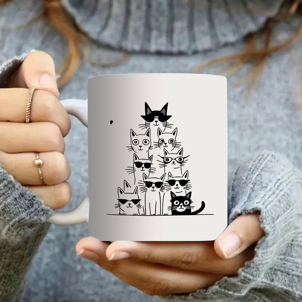 Tailorly White Ceramic 11 oz Mug - cute cat stack design