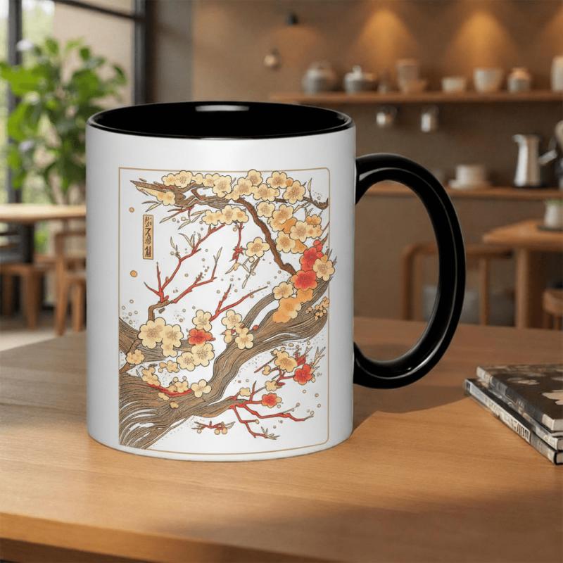 Tailorly Black Accent 11 oz Mug - branch of Japanese plum with red and yellow flowers