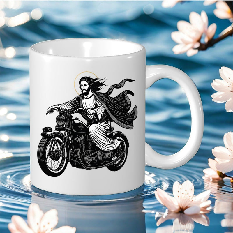 Tailorly White Ceramic 11 oz Mug - rider with vintage motorcycle