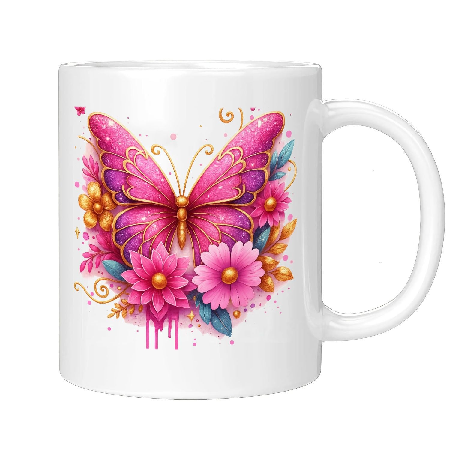 Tailorly White Ceramic 11 oz Mug - one ceramic coffee mug 11oz featuring a vibrant and with a pink and purple glittery ideal for gifting to for