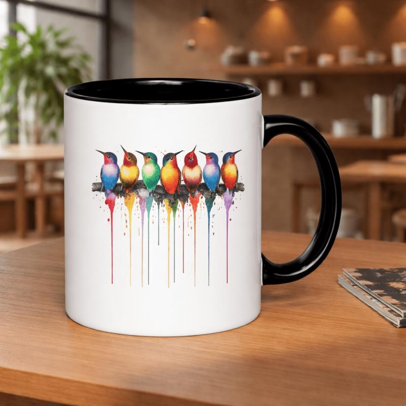 Tailorly Black Accent 11 oz Mug - colored hummingbirds resting on a branch featuring colorful paint 11oz printed ceramic mug with a scratch resistant