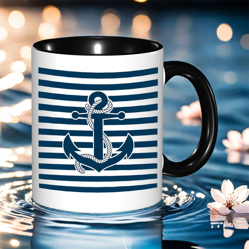 Tailorly Black Accent 11 oz Mug - marine with blue and white striped pattern