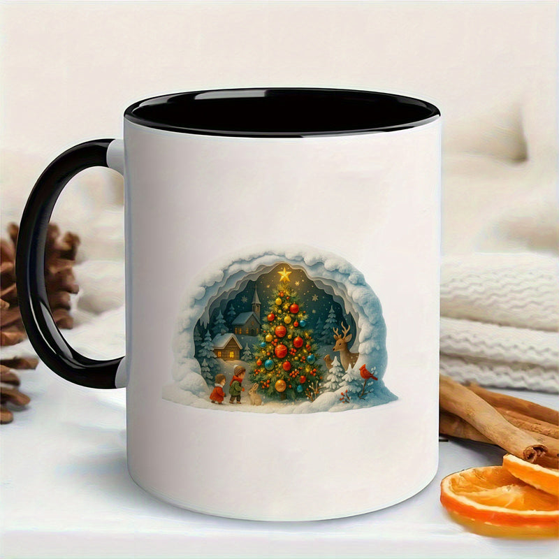 Tailorly Black Accent 11 oz Mug - snowy christmas tree with twinkling lights reindeer design