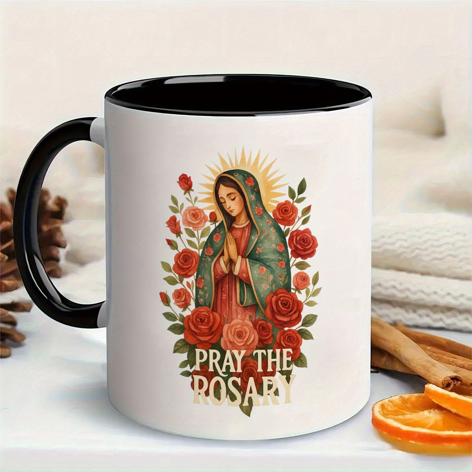 Tailorly Black Accent 11 oz Mug - rosary prayer beads border with Our Lady illustration