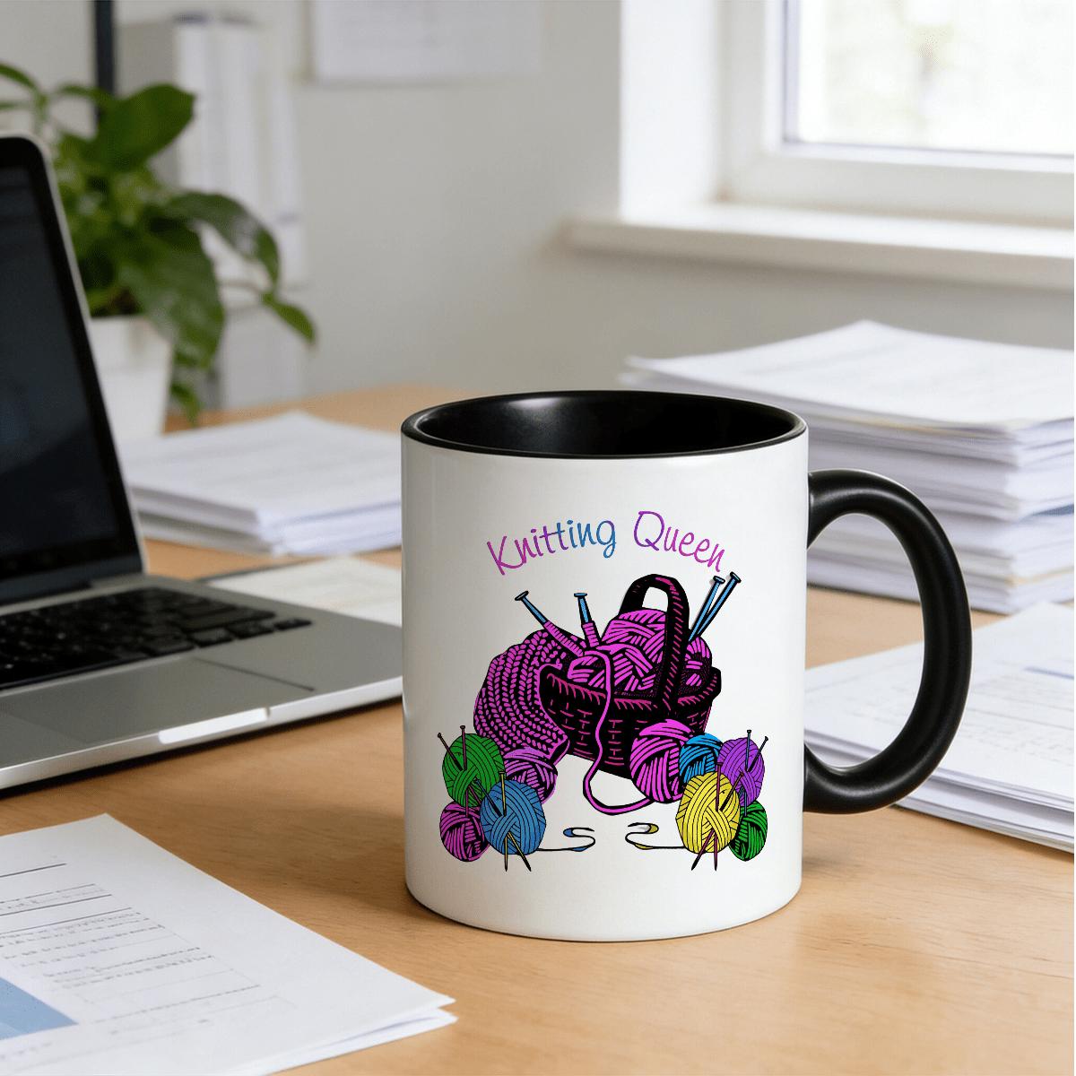 Tailorly Black Accent 11 oz Mug - Knitting Queen text