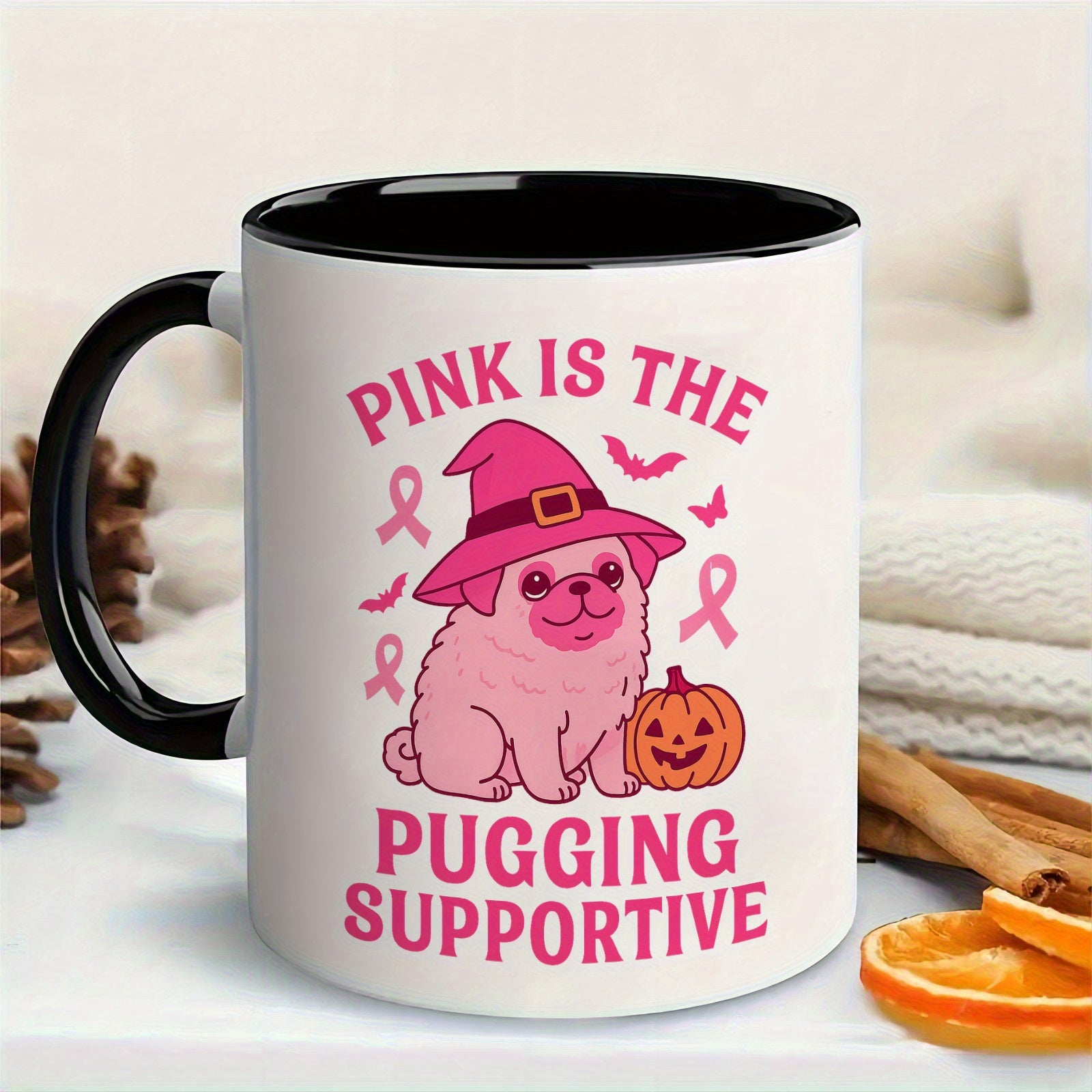 Tailorly Black Accent 11 oz Mug - cute pug with broomstick， witch hat， bats