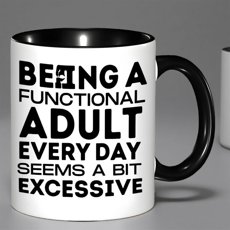 Tailorly Black Accent 11 oz Mug - black words on white background with green handle
