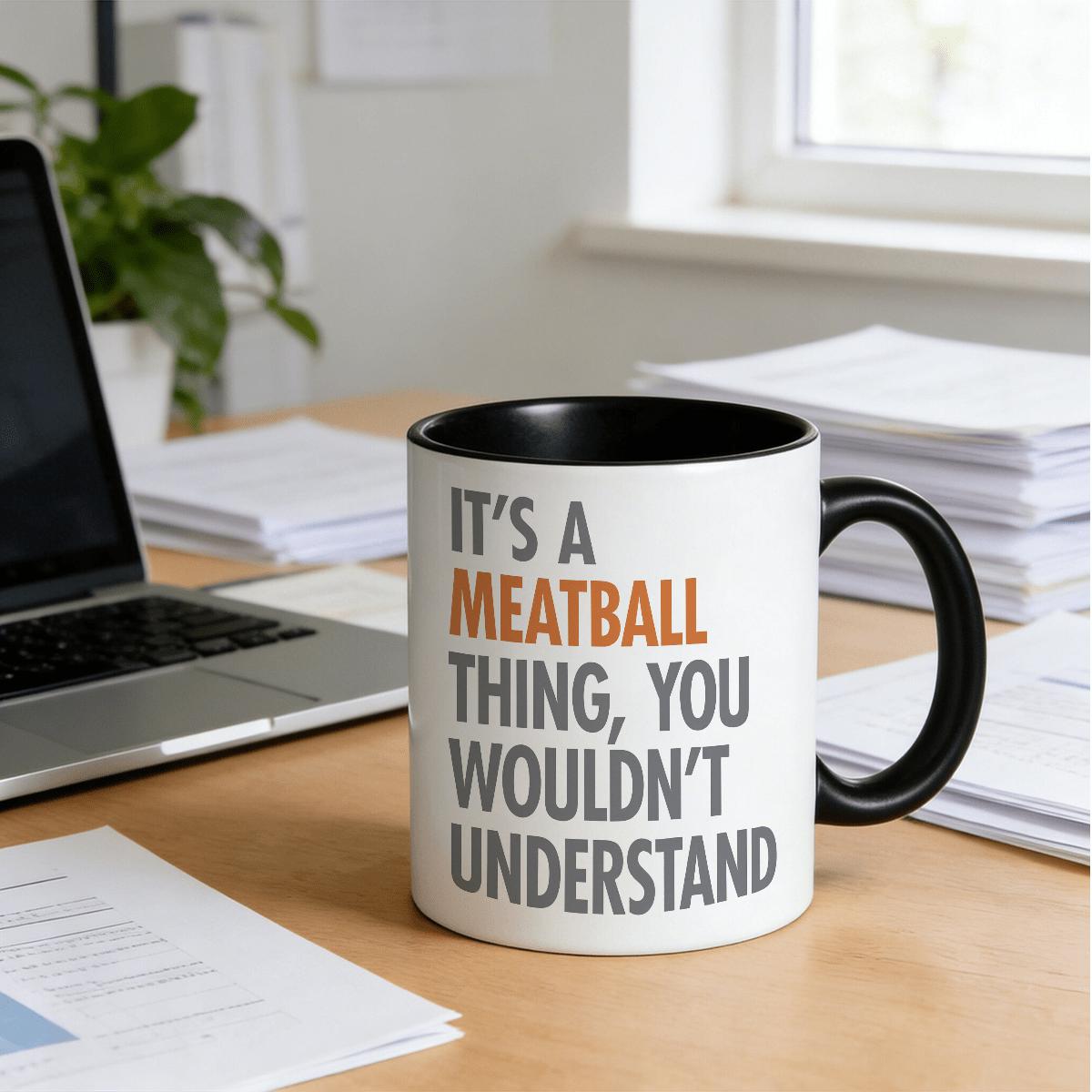 Tailorly Black Accent 11 oz Mug - Meatball Thing text and illustration