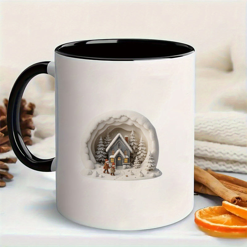 Tailorly Black Accent 11 oz Mug - snowy cabin with cozy fireplace and snowy landscape