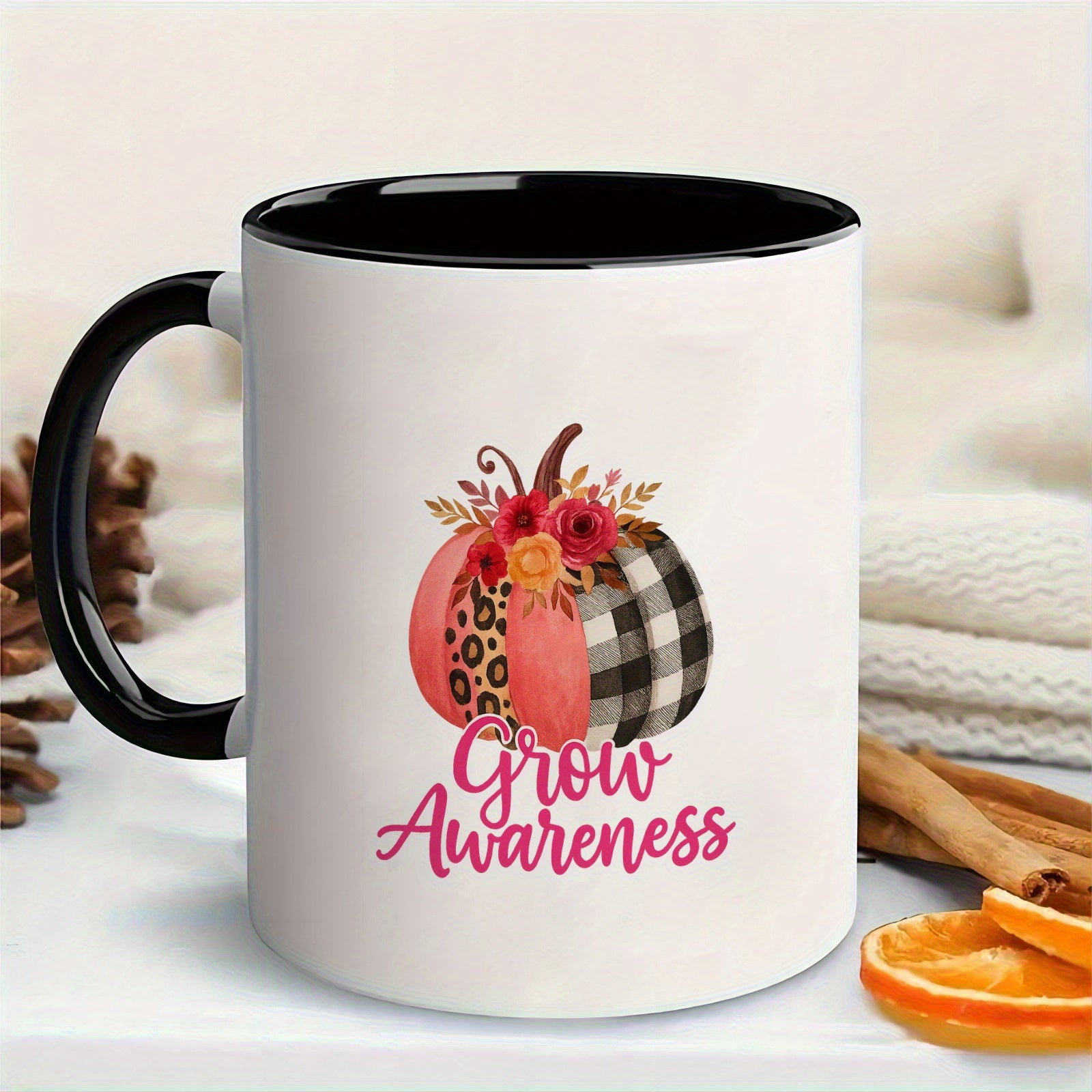 Tailorly Black Accent 11 oz Mug - pink grow awareness text