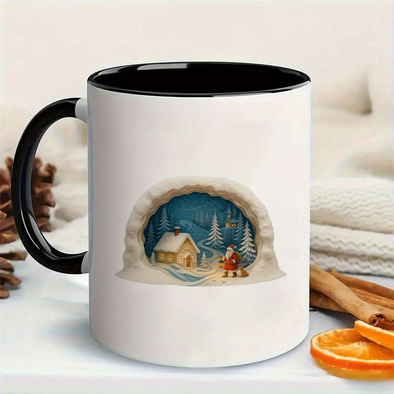 Tailorly Black Accent 11 oz Mug - winter scene with snowy cabin and reindeer