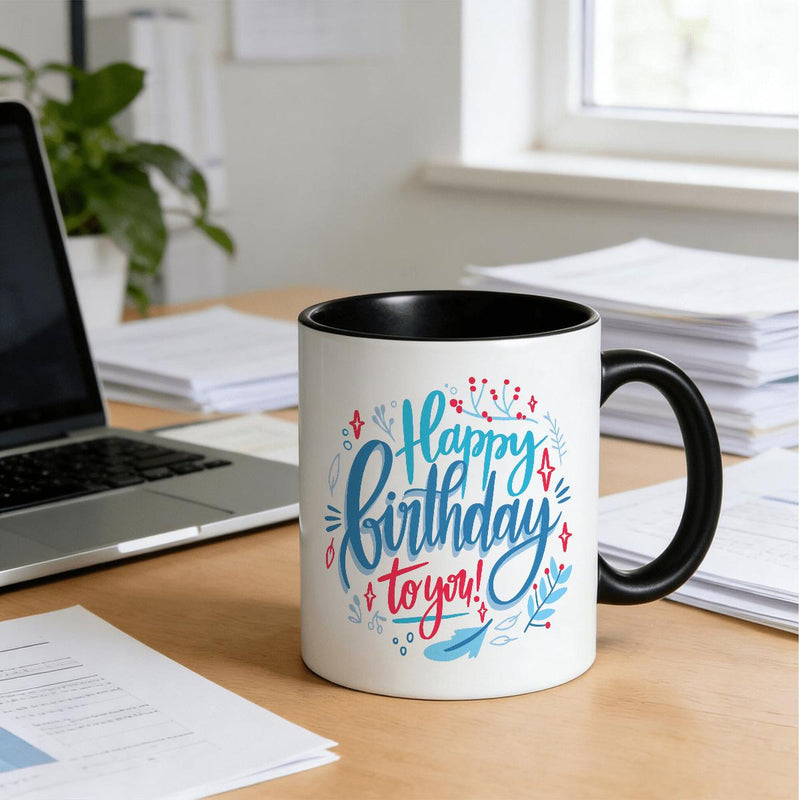 Tailorly Black Accent 11 oz Mug - Cursive "Happy Birthday" text