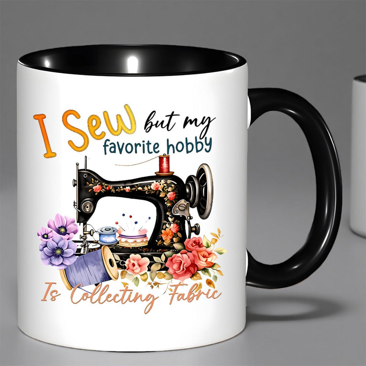 Tailorly Black Accent 11 oz Mug - i but is gathering fabrics this 11oz ceramic coffee cup is an insulated reusable travel mug featuring a vintage