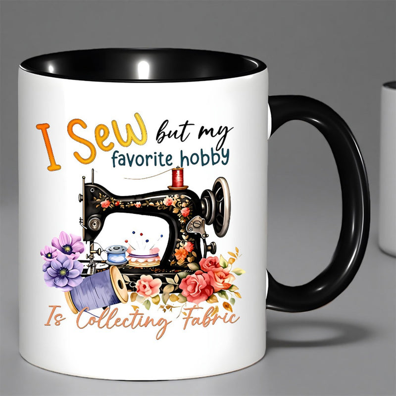 Tailorly Black Accent 11 oz Mug - i but is gathering fabrics this 11oz ceramic coffee cup is an insulated reusable travel mug featuring a vintage