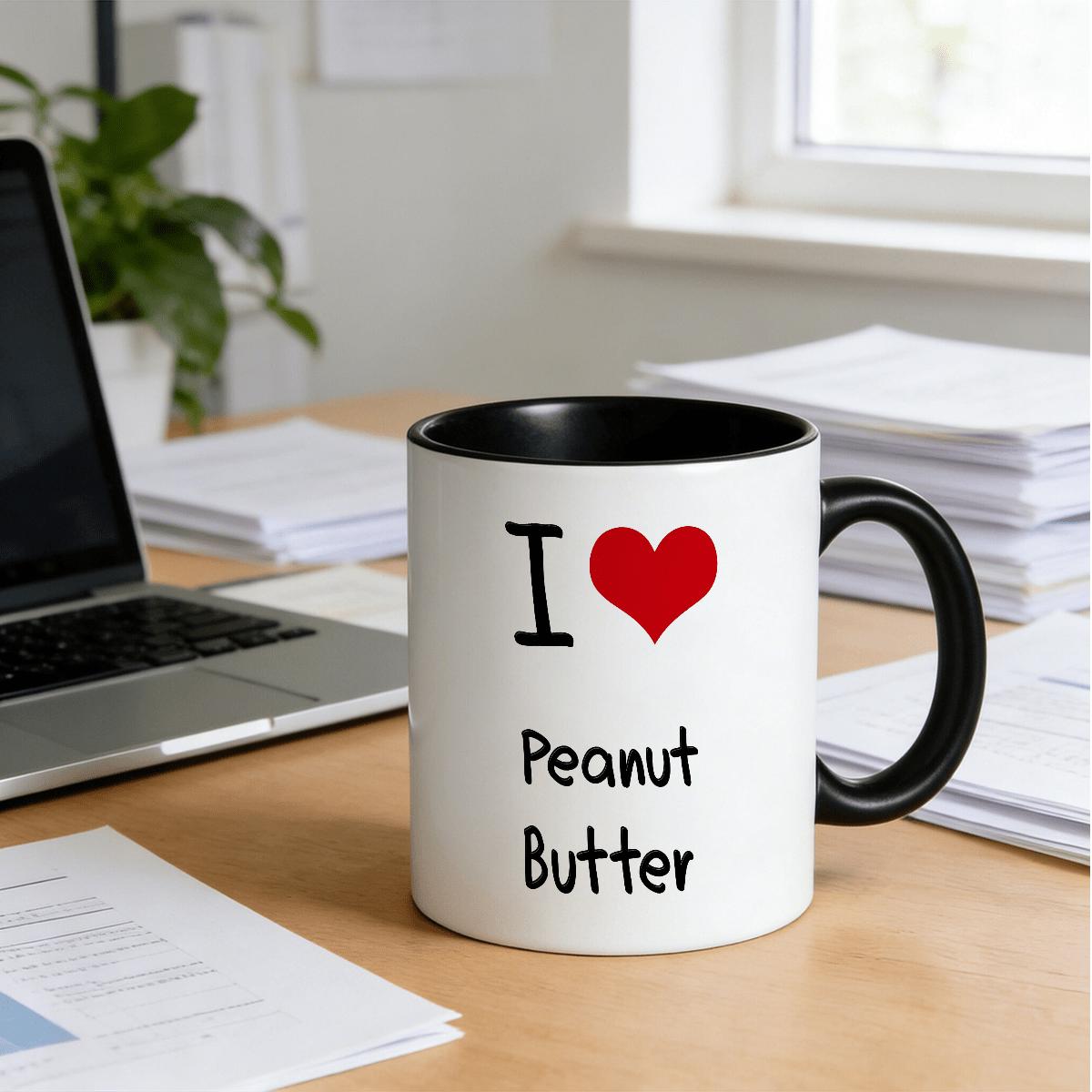 Tailorly Black Accent 11 oz Mug - I Love Peanut Butter