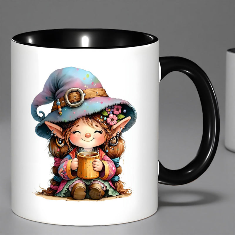 Tailorly Black Accent 11 oz Mug - cartoon girl with colorful witch hat