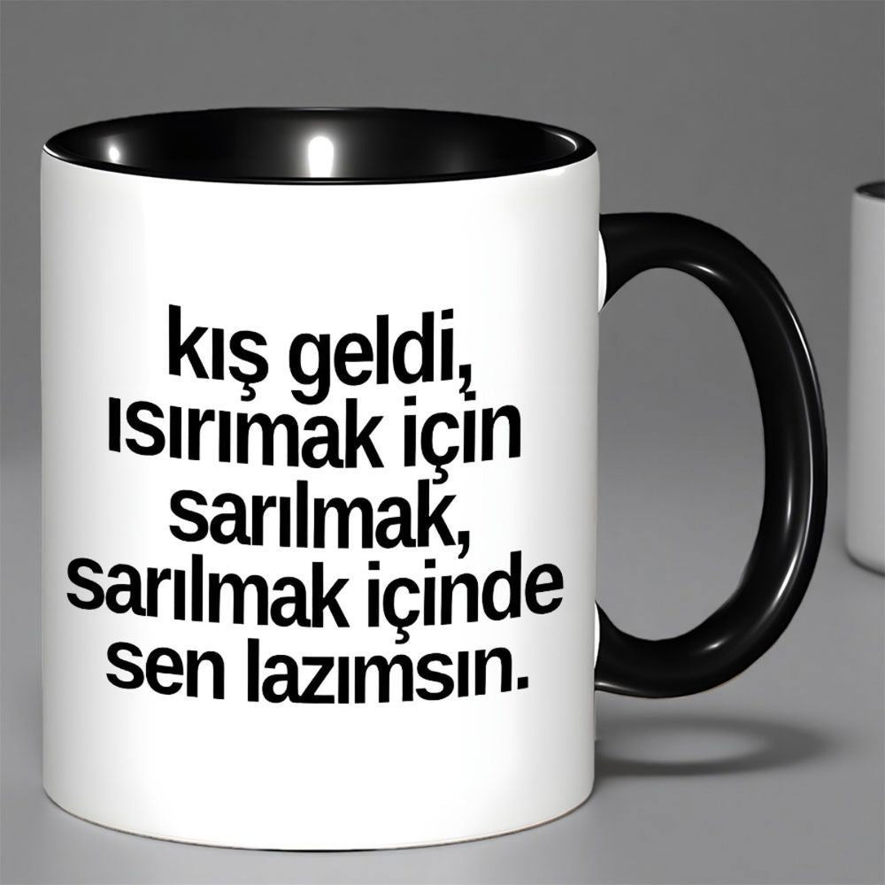 Tailorly Black Accent 11 oz Mug - writing "winter requires your embrace"