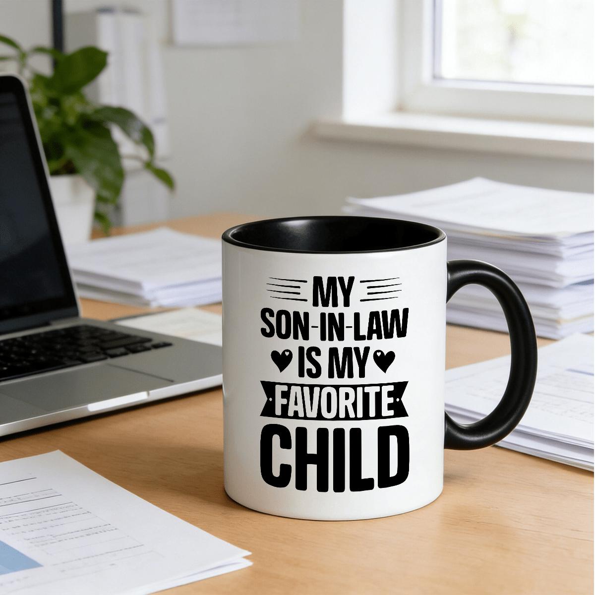 Tailorly Black Accent 11 oz Mug - my son in law is (English text) Chinese text