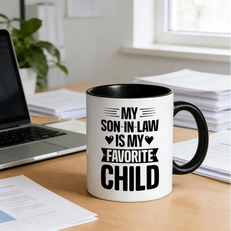 Tailorly Black Accent 11 oz Mug - my son in law is (English text) Chinese text