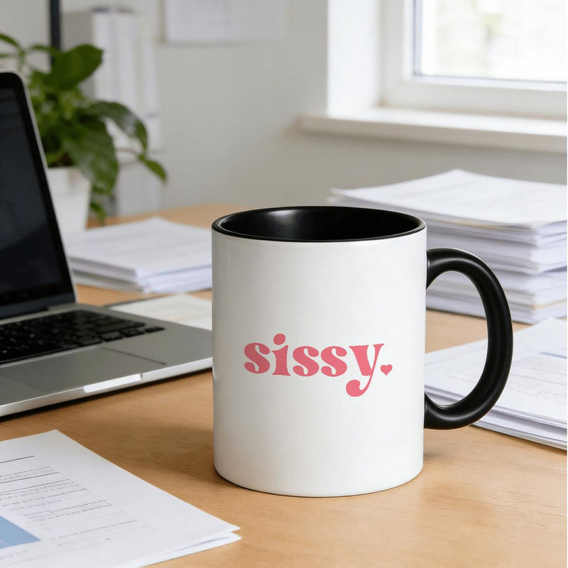 Tailorly Black Accent 11 oz Mug - Adorable Sissy text and a small heart detail