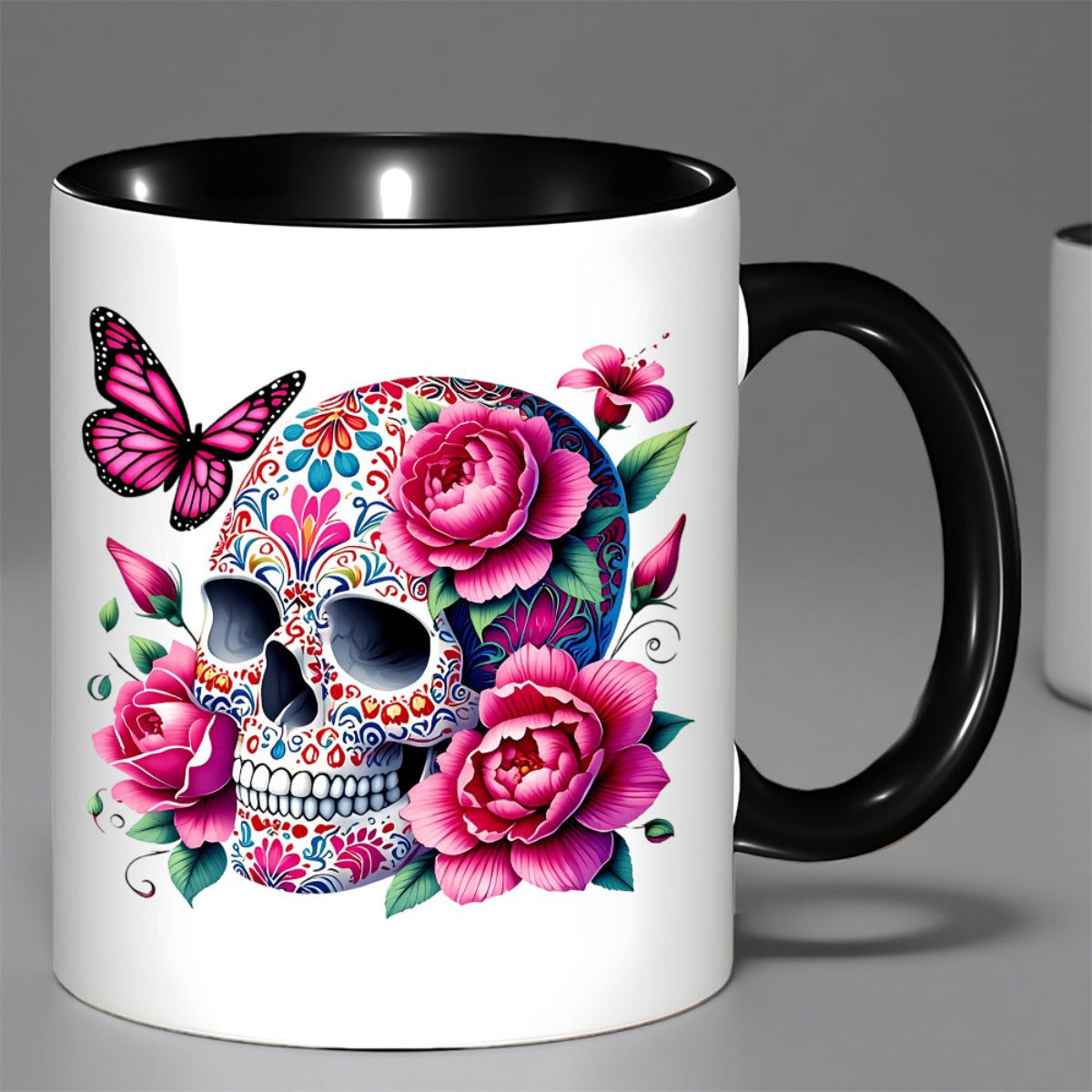 Tailorly Black Accent 11 oz Mug - sugar skull roses