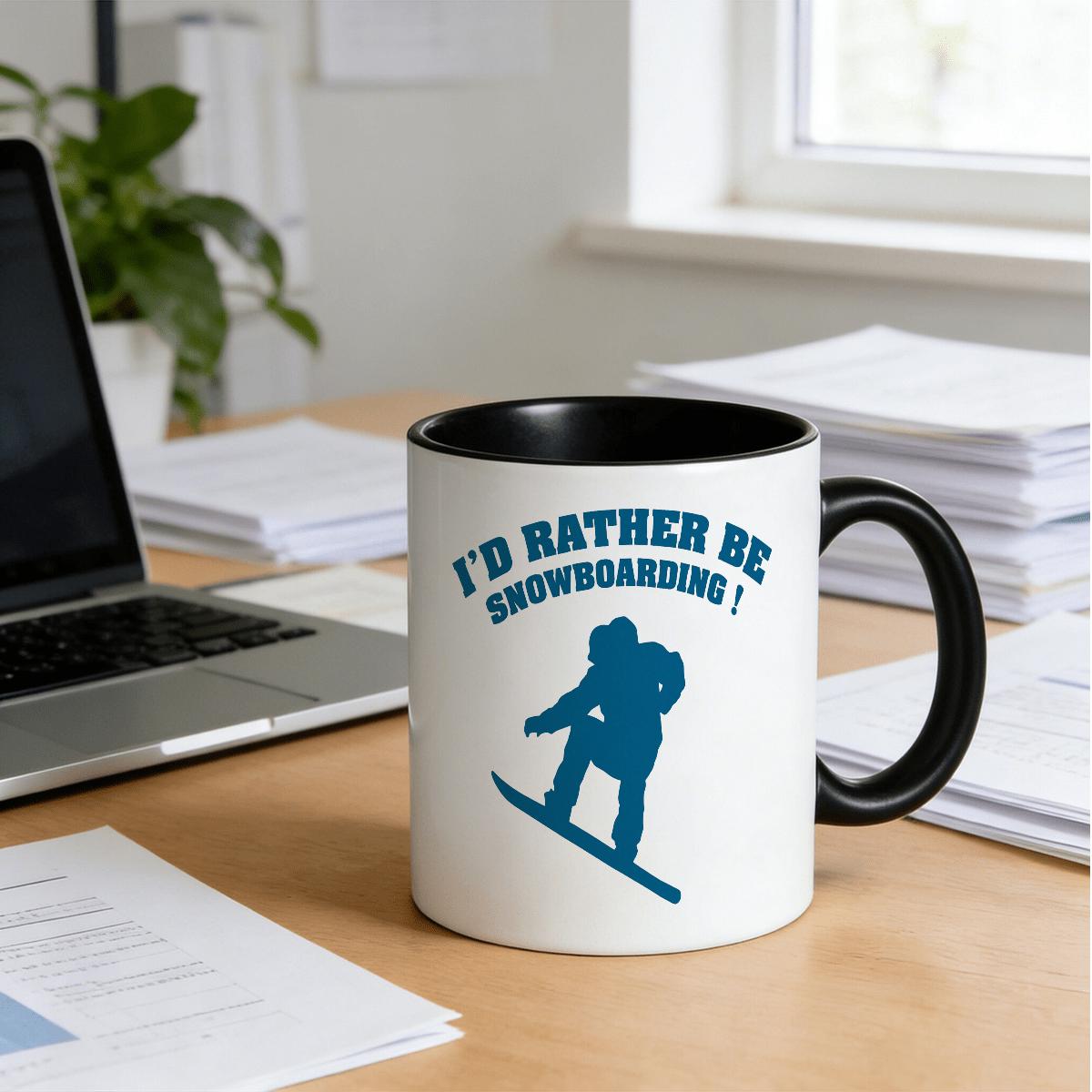Tailorly Black Accent 11 oz Mug - "I'd Rather Be Snowboarding" text