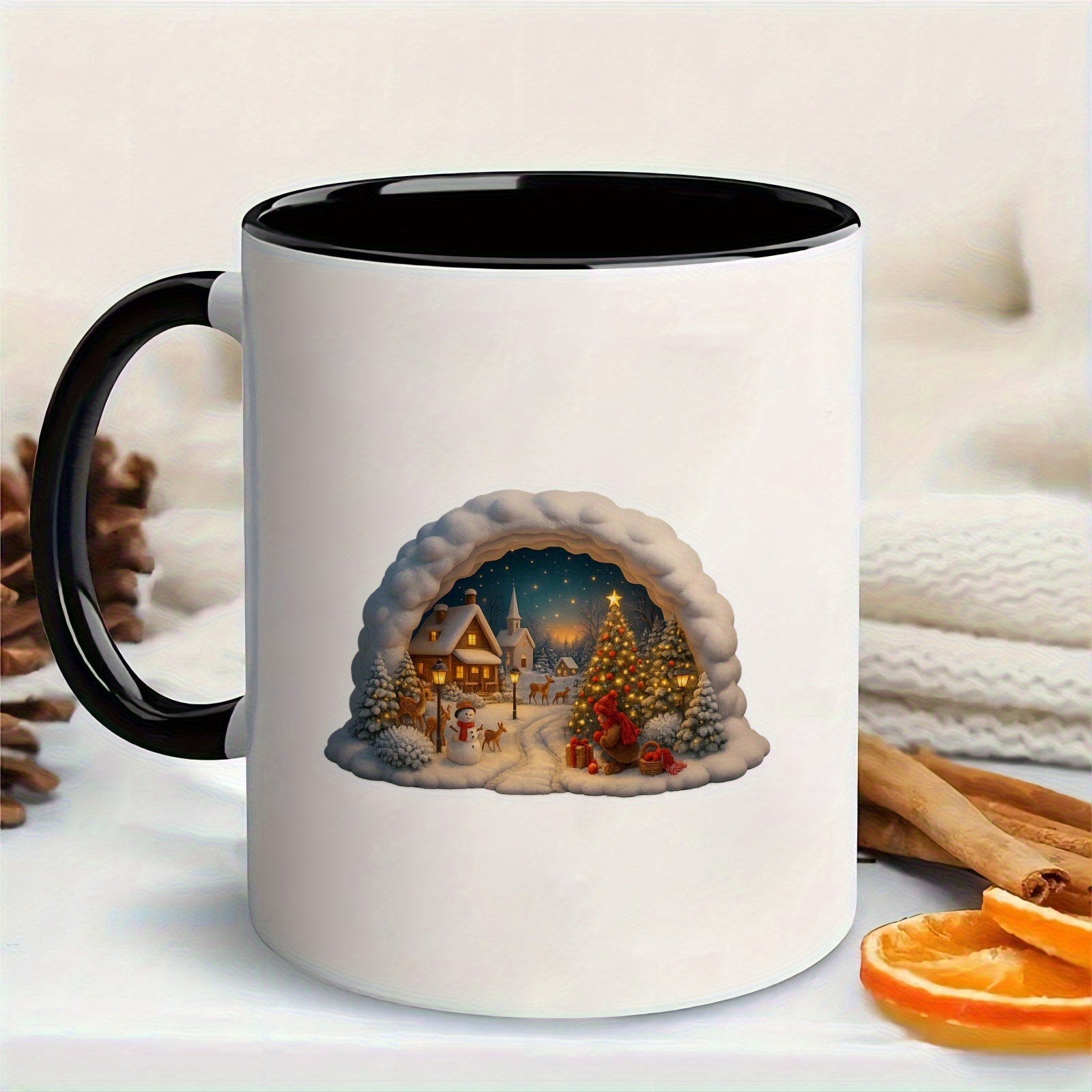 Tailorly Black Accent 11 oz Mug - snowman cabin design
