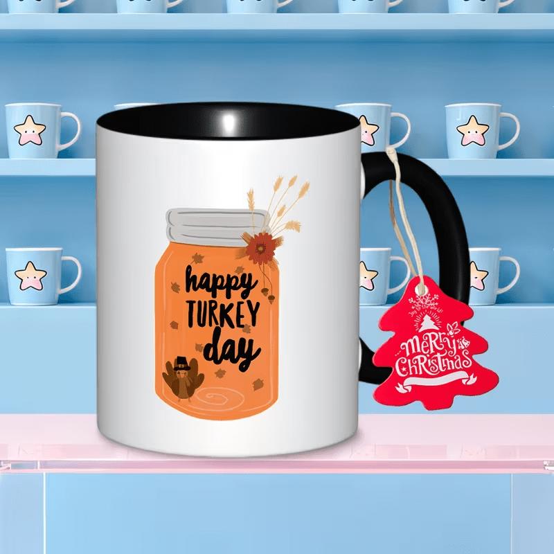 Tailorly Black Accent 11 oz Mug - one happy turkey day logo