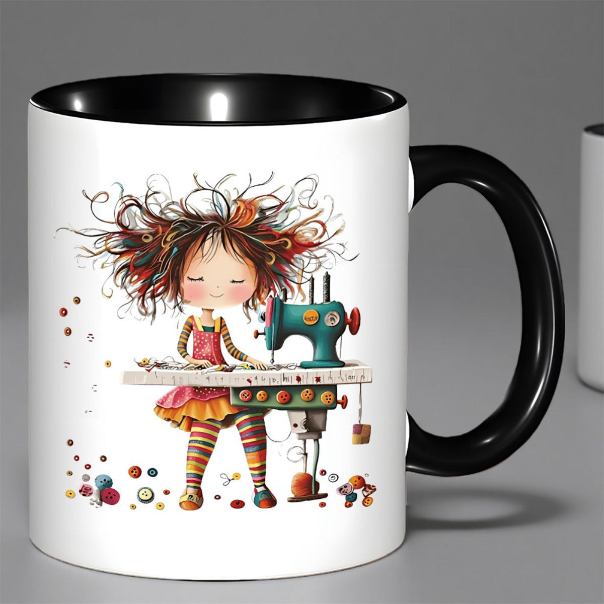 Tailorly Black Accent 11 oz Mug - sewing girl， sewing machine， buttons， socks