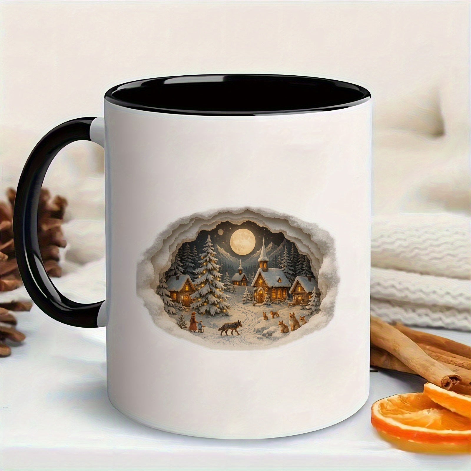 Tailorly Black Accent 11 oz Mug - cabin with deer wolves moonlight