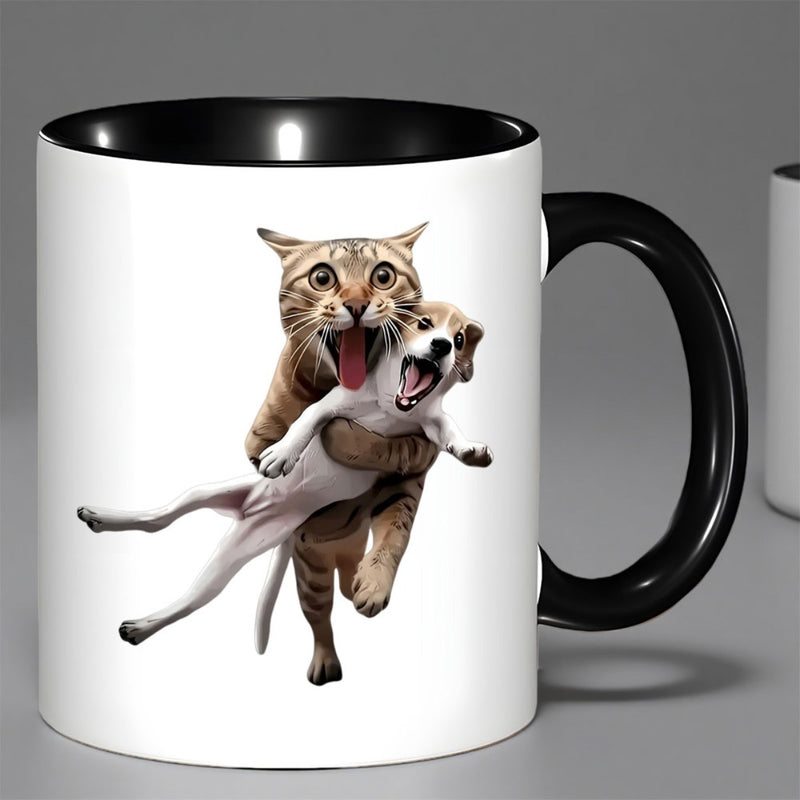 Tailorly Black Accent 11 oz Mug - whimsical cat holding dog animal design