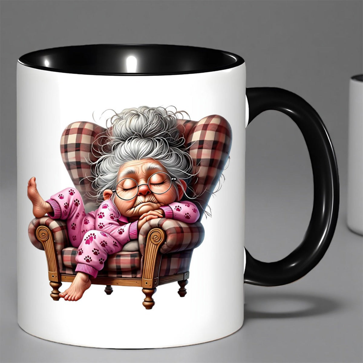Tailorly Black Accent 11 oz Mug - sleeping grandma