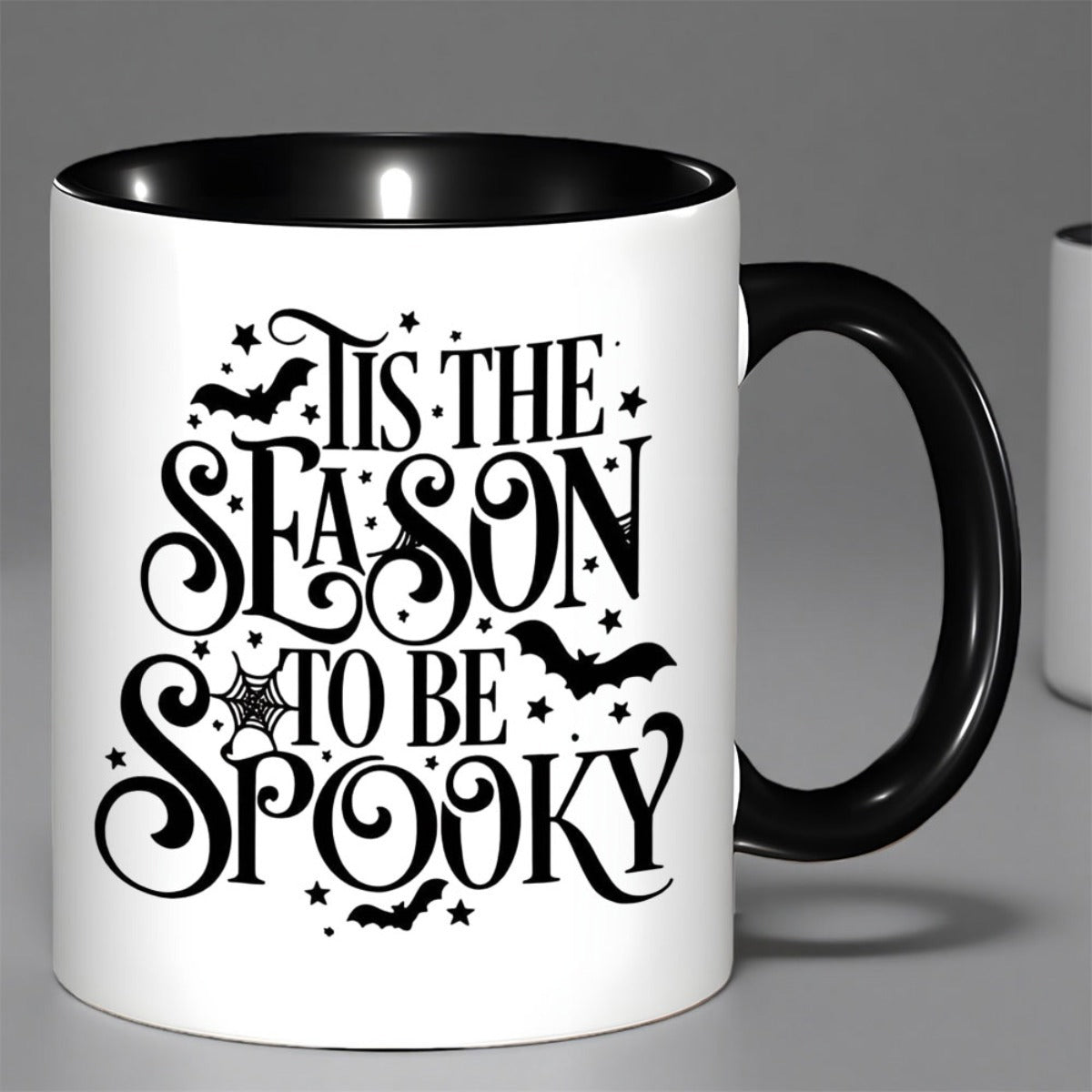 Tailorly Black Accent 11 oz Mug - pumpkins skeletons ghosts spider webs