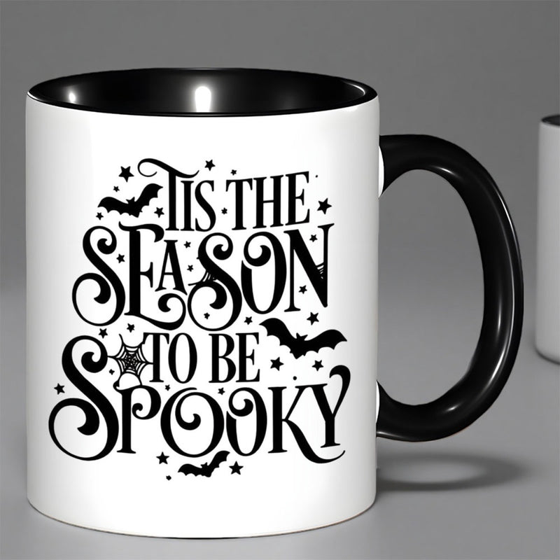 Tailorly Black Accent 11 oz Mug - pumpkins skeletons ghosts spider webs
