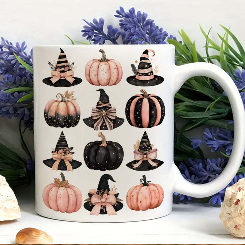 Tailorly White Ceramic 11 oz Mug - pumpkin witch hat with orange bow and polka dots