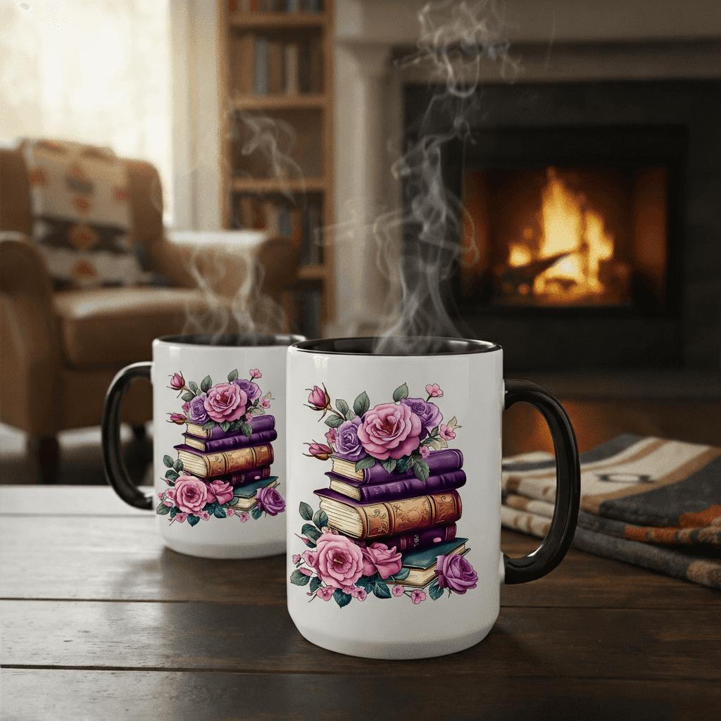 Tailorly Black Accent 11 oz Mug - pile of books and flowers to a fireplace