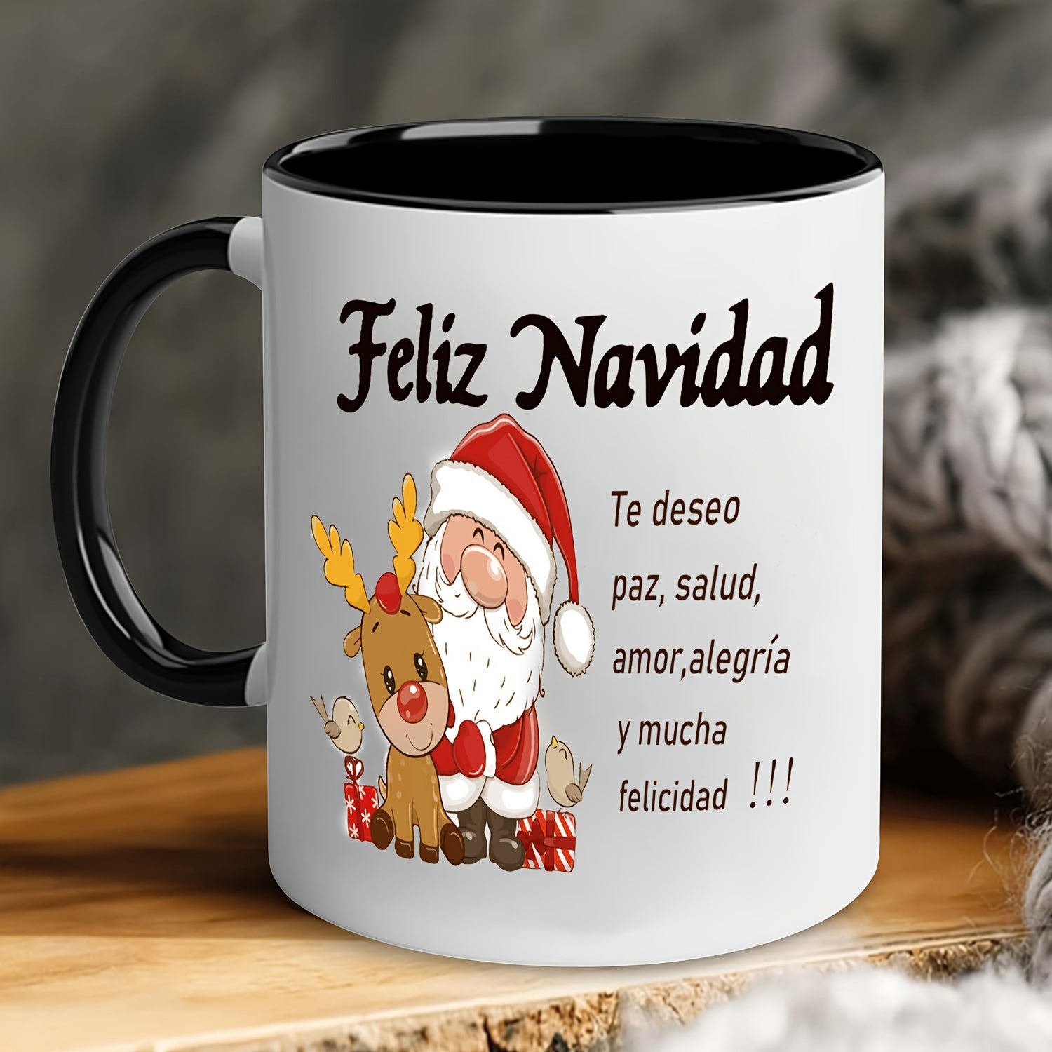 Tailorly Black Accent 11 oz Mug - festive santa claus with reindeer
